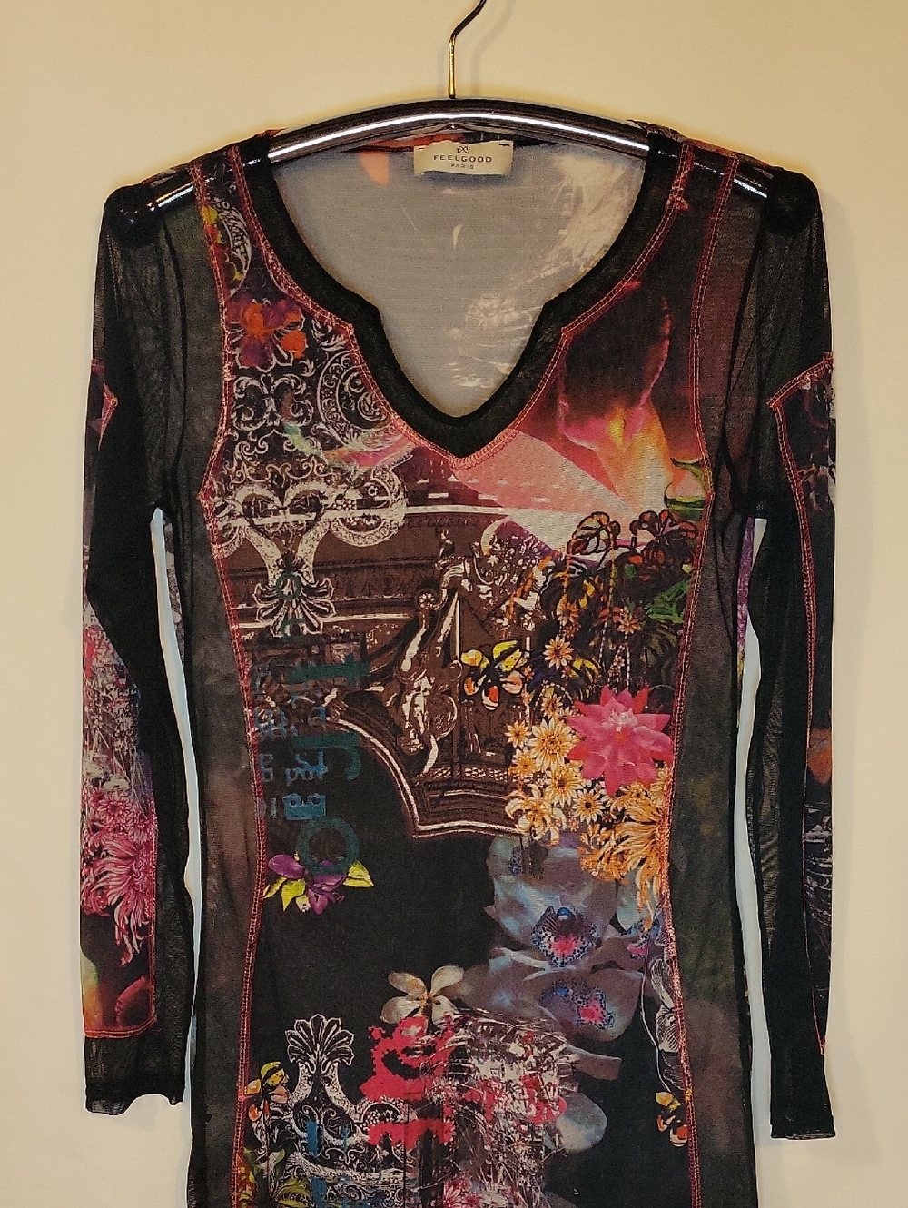Y2k Mesh Sheer Long Sleeve Top Black Dress Feelgood Paris Printed Graphic Small